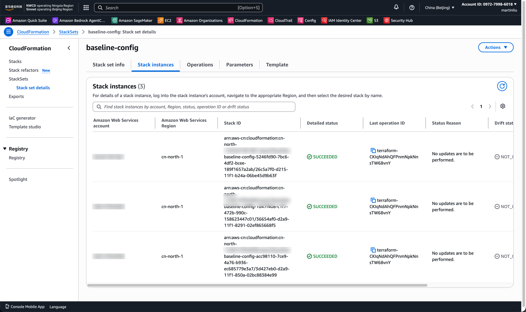 CloudFormation StackSets showing stack set baseline-config and its three stack instances — log-archive, demo-dev and demo-prod — all SUCCEEDED from the same operation, evidence that auto-deployment reached accounts that entered the OU after creation.